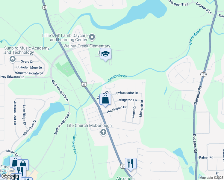 map of restaurants, bars, coffee shops, grocery stores, and more near 1030 Chase Lane in McDonough