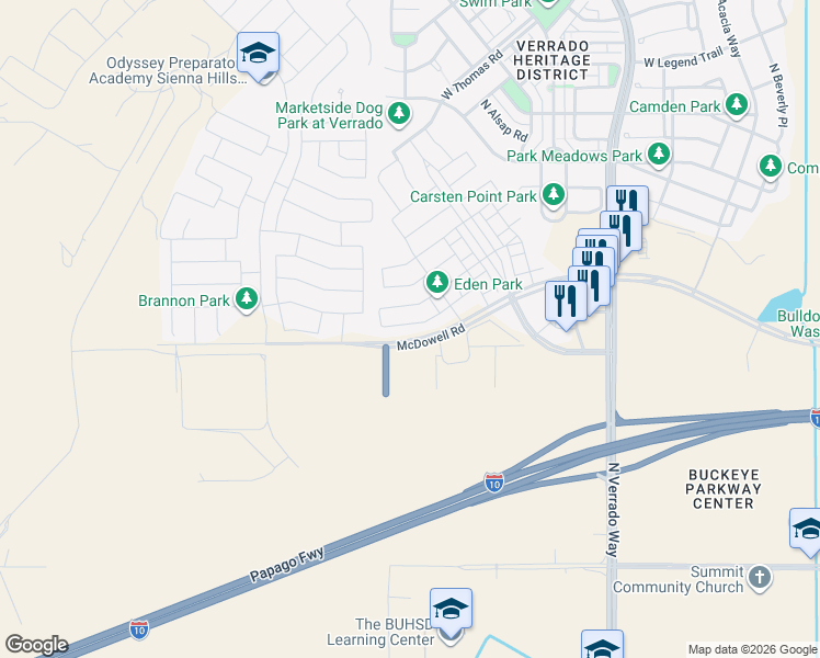map of restaurants, bars, coffee shops, grocery stores, and more near 21051 West Almeria Road in Buckeye