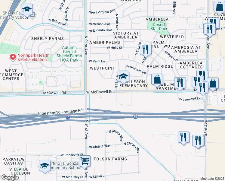 map of restaurants, bars, coffee shops, grocery stores, and more near 9085 West McDowell Road in Tolleson