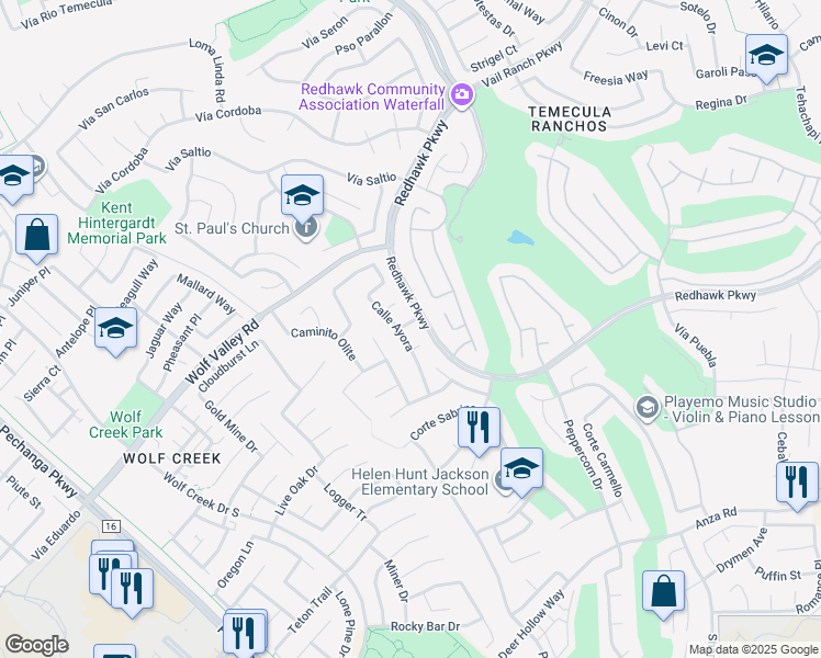 map of restaurants, bars, coffee shops, grocery stores, and more near 32219 Vía Almazan in Temecula