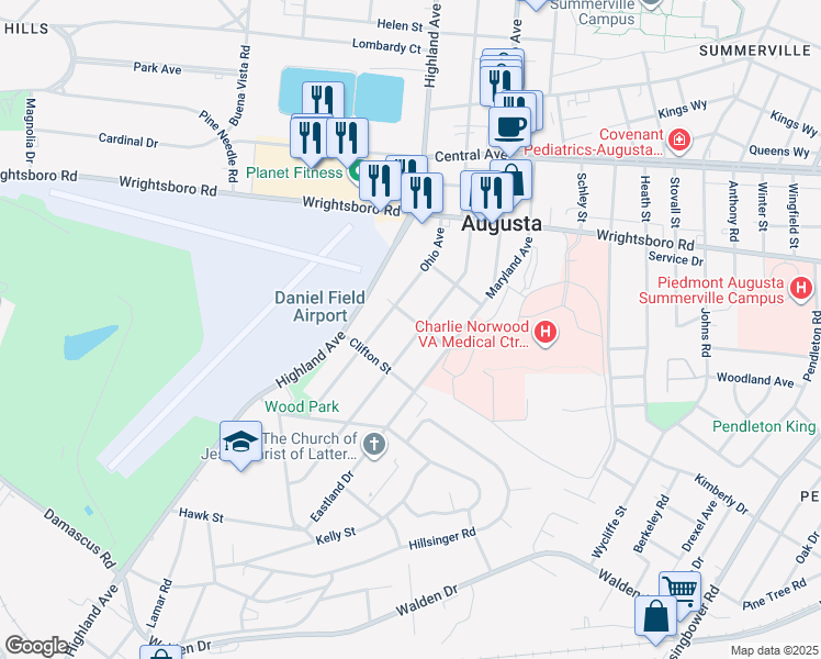 map of restaurants, bars, coffee shops, grocery stores, and more near 1903 Pennsylvania Avenue in Augusta
