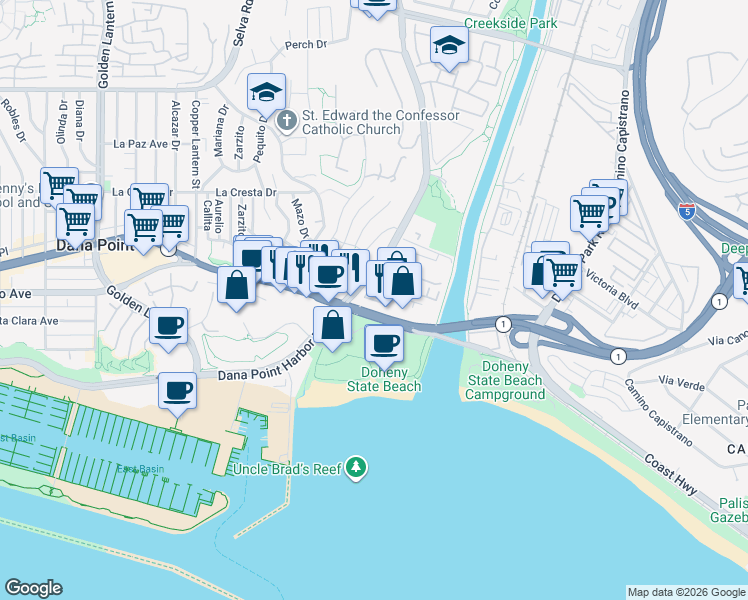 map of restaurants, bars, coffee shops, grocery stores, and more near 34312 Pacific Coast Highway in Dana Point