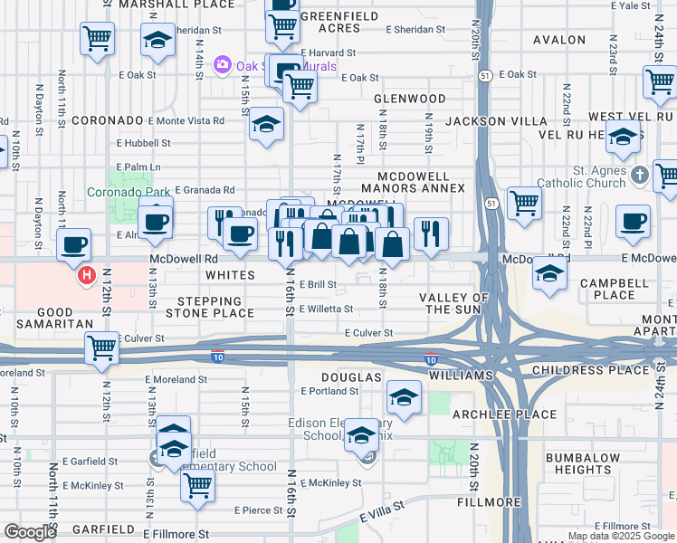 map of restaurants, bars, coffee shops, grocery stores, and more near 1701 East McDowell Road in Phoenix