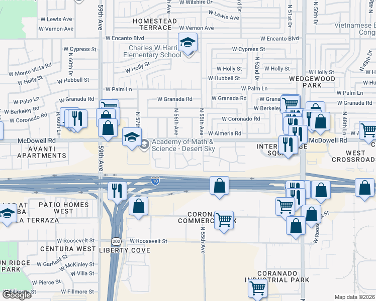 map of restaurants, bars, coffee shops, grocery stores, and more near 5535 West McDowell Road in Phoenix