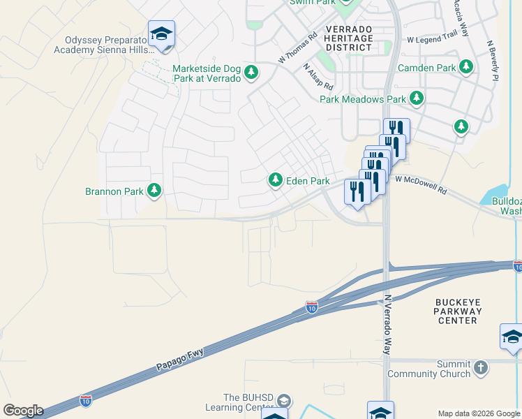 map of restaurants, bars, coffee shops, grocery stores, and more near 21051 West Almeria Road in Buckeye