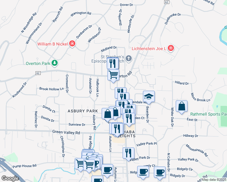 map of restaurants, bars, coffee shops, grocery stores, and more near 2609 Crowne Ridge Court in Vestavia Hills
