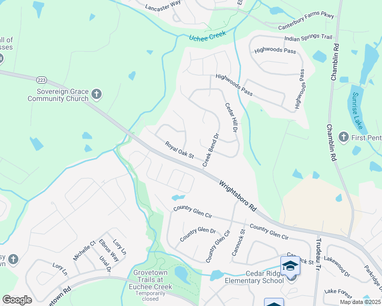 map of restaurants, bars, coffee shops, grocery stores, and more near 1308 Royal Oak Street in Grovetown