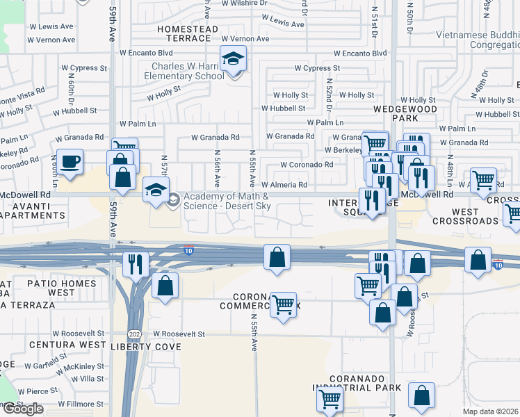 map of restaurants, bars, coffee shops, grocery stores, and more near 1444 North 54th Lane in Phoenix