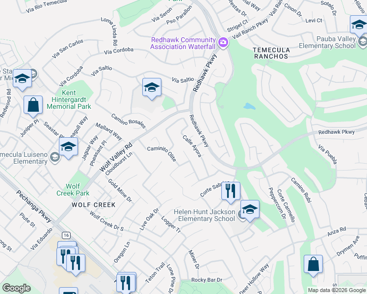 map of restaurants, bars, coffee shops, grocery stores, and more near 45632 Corte Lobos in Temecula