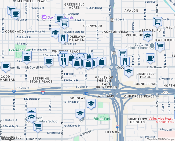 map of restaurants, bars, coffee shops, grocery stores, and more near 1818 East Brill Street in Phoenix