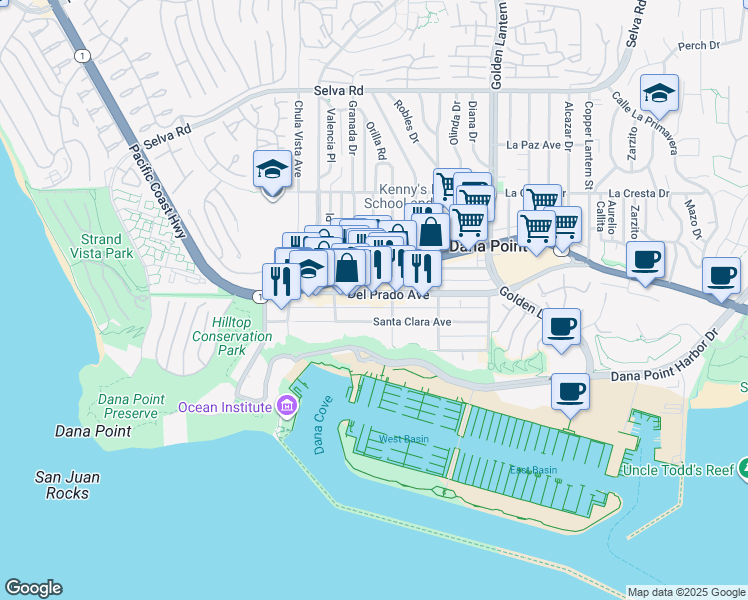 map of restaurants, bars, coffee shops, grocery stores, and more near 24442 Del Prado Avenue in Dana Point