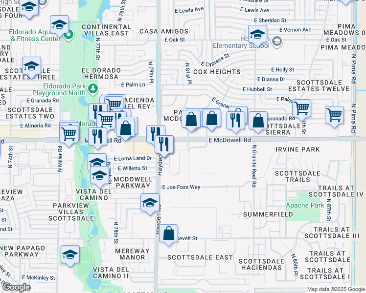map of restaurants, bars, coffee shops, grocery stores, and more near 1465 East Commerce Court in Scottsdale