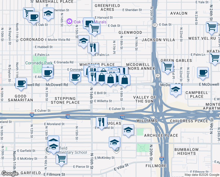 map of restaurants, bars, coffee shops, grocery stores, and more near 1701 East McDowell Road in Phoenix