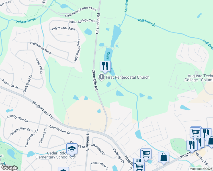 map of restaurants, bars, coffee shops, grocery stores, and more near 714 Chamblin Road in Grovetown
