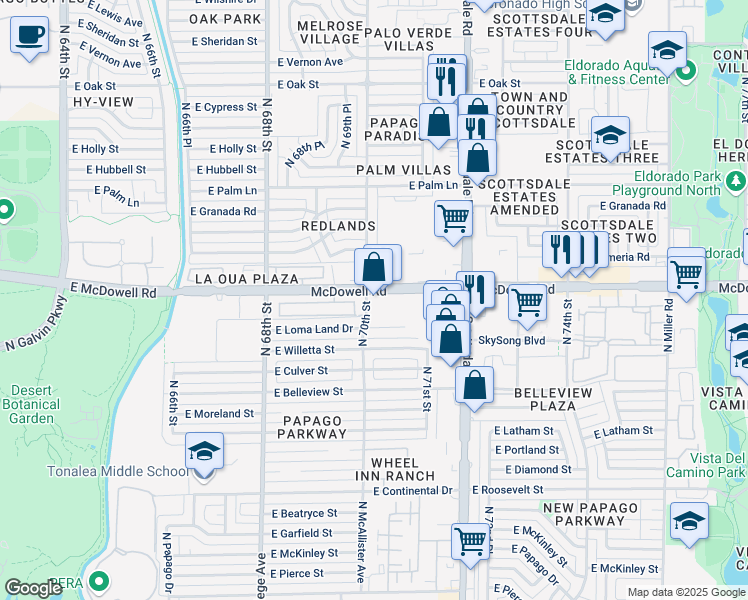 map of restaurants, bars, coffee shops, grocery stores, and more near 7001 East McDowell Road in Scottsdale