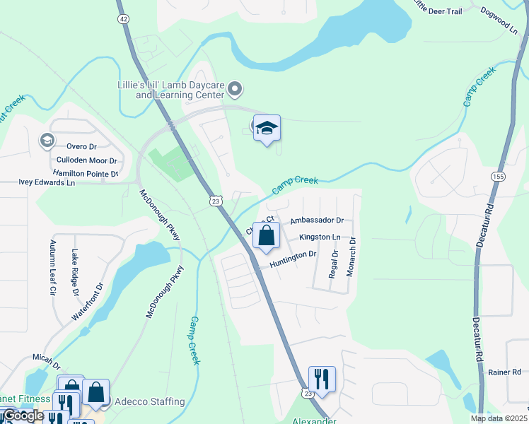 map of restaurants, bars, coffee shops, grocery stores, and more near 250 Chase Lane in McDonough