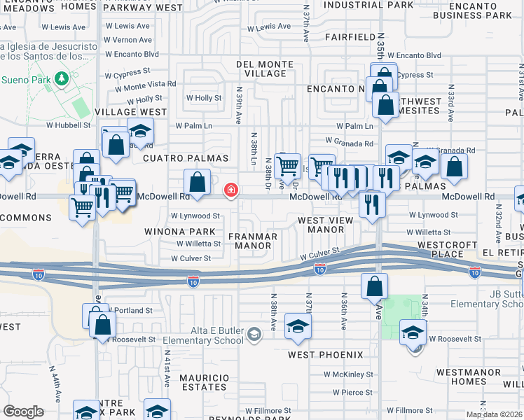 map of restaurants, bars, coffee shops, grocery stores, and more near 3825 West McDowell Road in Phoenix