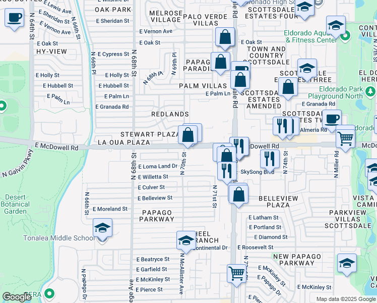 map of restaurants, bars, coffee shops, grocery stores, and more near 7001 East McDowell Road in Scottsdale