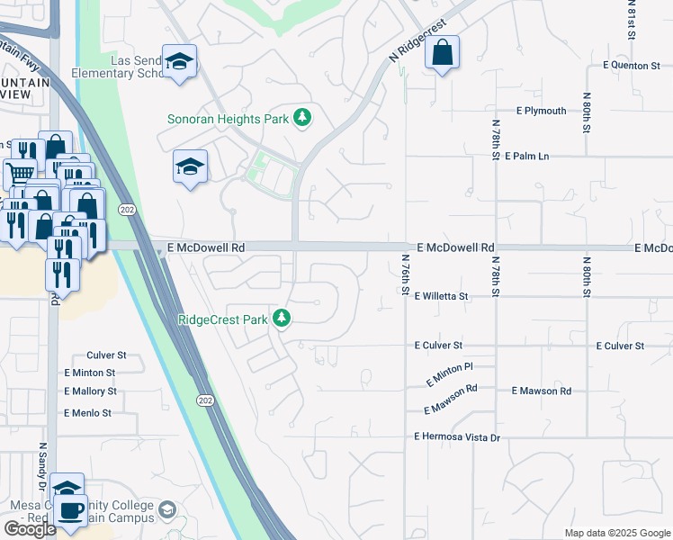 map of restaurants, bars, coffee shops, grocery stores, and more near 7434 East Nance Street in Mesa