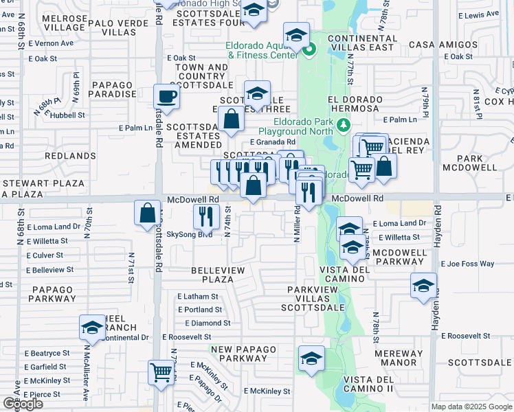 map of restaurants, bars, coffee shops, grocery stores, and more near 7505 East McDowell Road in Scottsdale