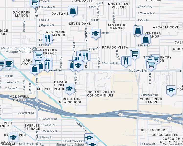 map of restaurants, bars, coffee shops, grocery stores, and more near in Phoenix