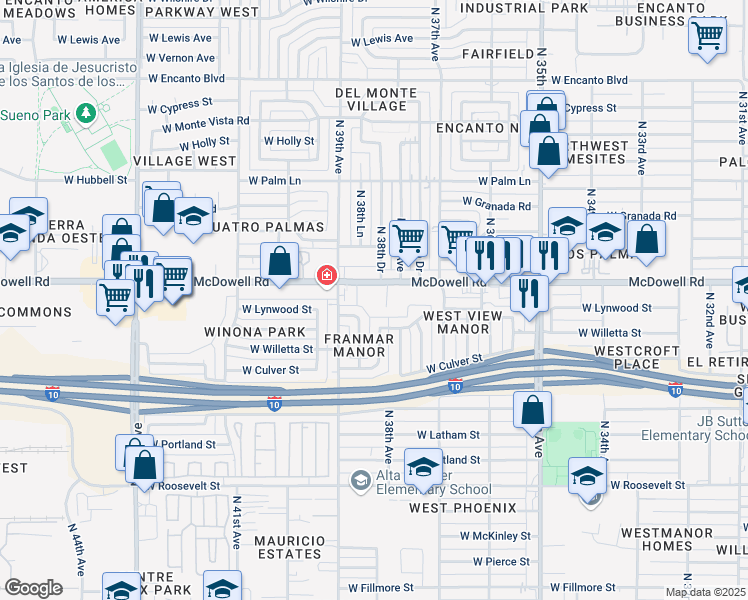map of restaurants, bars, coffee shops, grocery stores, and more near 3820 West Willetta Street in Phoenix