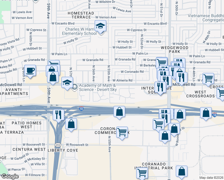 map of restaurants, bars, coffee shops, grocery stores, and more near 1444 North 54th Lane in Phoenix