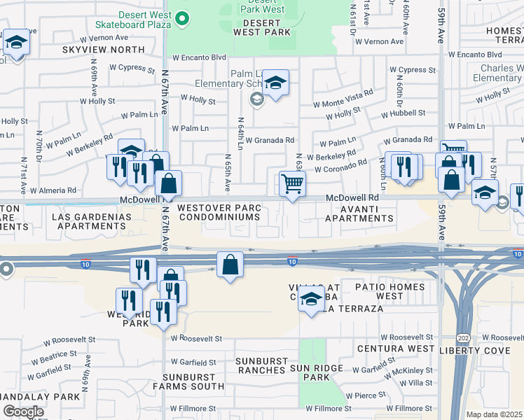 map of restaurants, bars, coffee shops, grocery stores, and more near 6405 West McDowell Road in Phoenix
