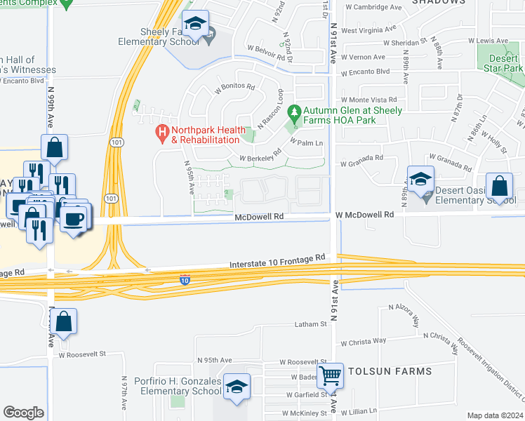 map of restaurants, bars, coffee shops, grocery stores, and more near 9330 West McDowell Road in Phoenix