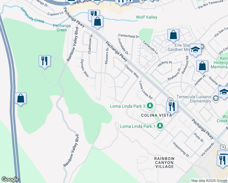 map of restaurants, bars, coffee shops, grocery stores, and more near 45928 Clubhouse Drive in Temecula