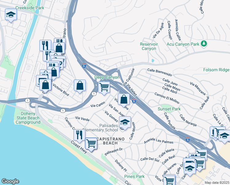 map of restaurants, bars, coffee shops, grocery stores, and more near 26392 Via Canon in Dana Point