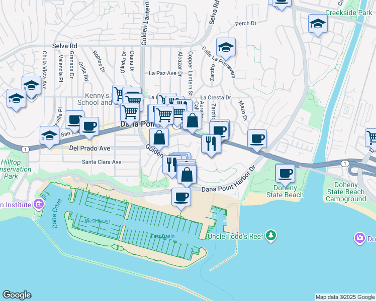map of restaurants, bars, coffee shops, grocery stores, and more near 34300 Lantern Bay Drive in Dana Point