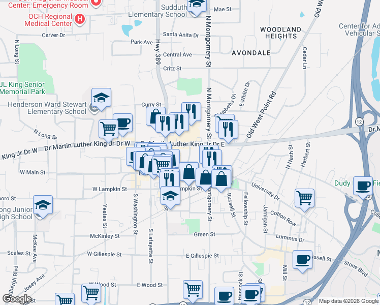 map of restaurants, bars, coffee shops, grocery stores, and more near 110 Caldwell Street in Starkville