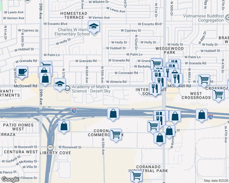 map of restaurants, bars, coffee shops, grocery stores, and more near 1447 North 54th Avenue in Phoenix