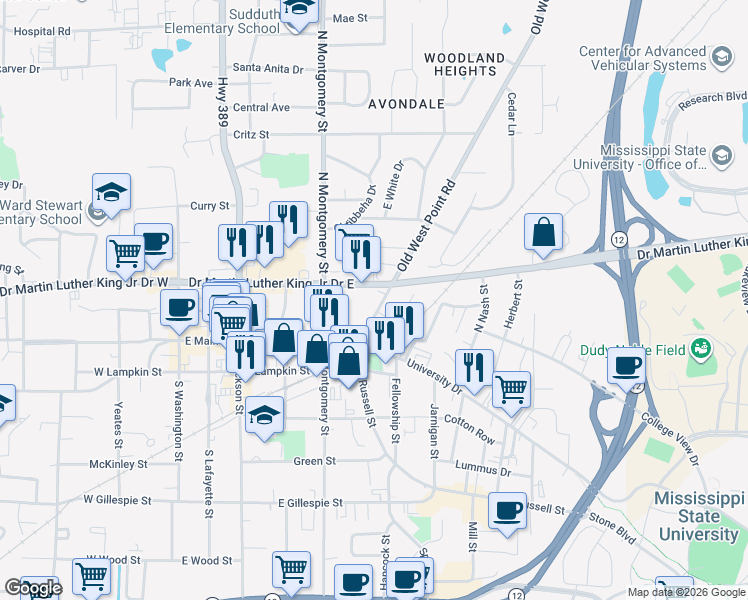 map of restaurants, bars, coffee shops, grocery stores, and more near 146-198 Old West Point Road in Starkville