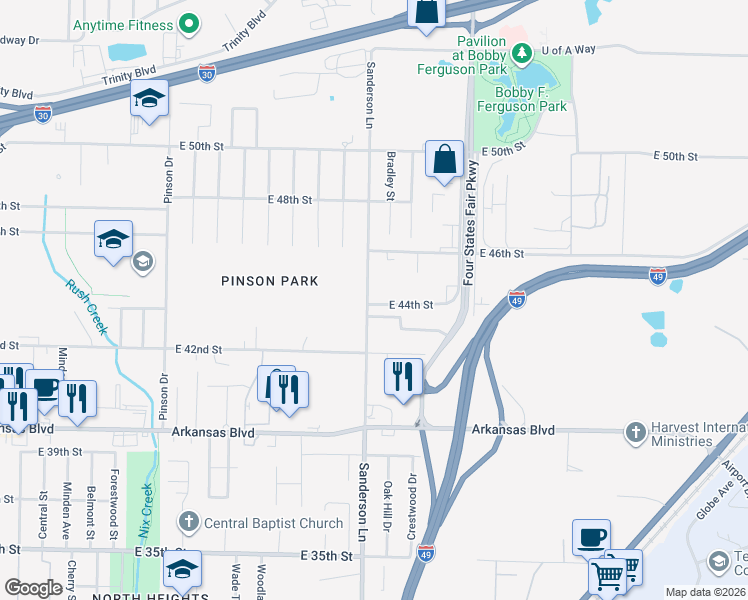 map of restaurants, bars, coffee shops, grocery stores, and more near 4302 Sanderson Lane in Texarkana