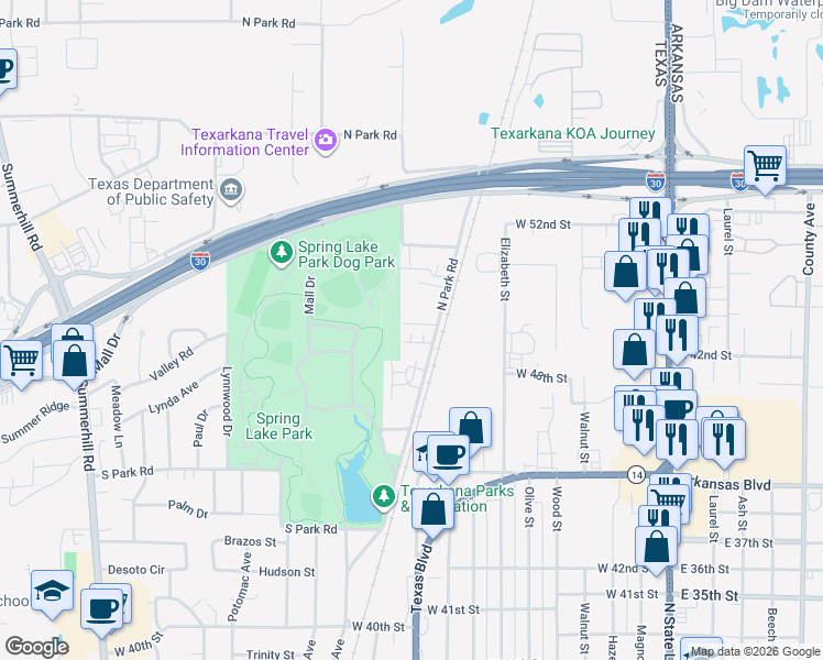 map of restaurants, bars, coffee shops, grocery stores, and more near 1009 Jordan Lane in Texarkana