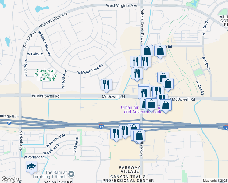 map of restaurants, bars, coffee shops, grocery stores, and more near 15677 West Almeria Road in Goodyear
