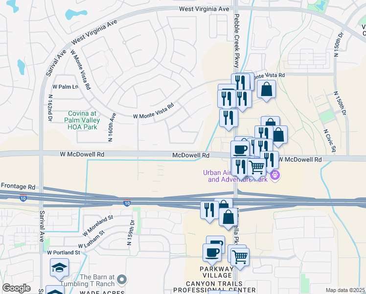 map of restaurants, bars, coffee shops, grocery stores, and more near 15677 West Almeria Road in Goodyear
