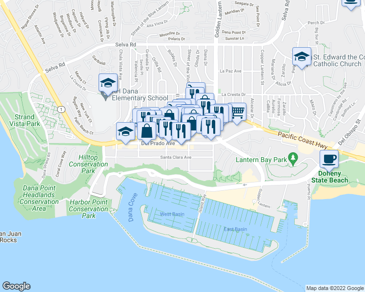 map of restaurants, bars, coffee shops, grocery stores, and more near 24591 Santa Clara Avenue in Dana Point