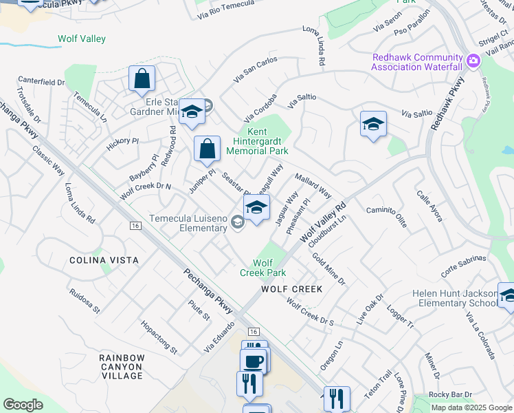 map of restaurants, bars, coffee shops, grocery stores, and more near 45634 Seagull Way in Temecula