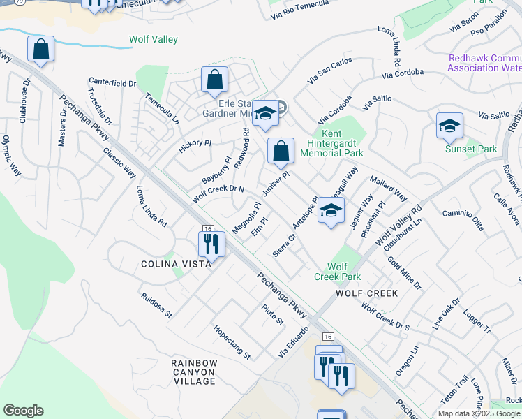 map of restaurants, bars, coffee shops, grocery stores, and more near 45614 Magnolia Place in Temecula