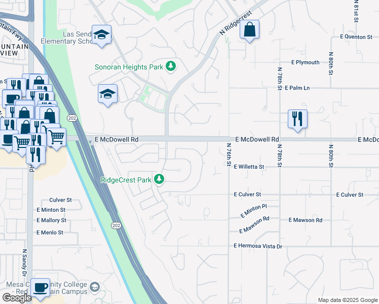 map of restaurants, bars, coffee shops, grocery stores, and more near 7434 East Nance Street in Mesa