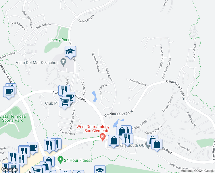 map of restaurants, bars, coffee shops, grocery stores, and more near 241 Via Sedona in San Clemente