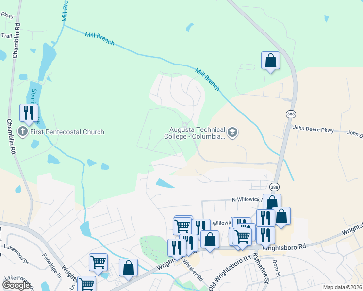 map of restaurants, bars, coffee shops, grocery stores, and more near 2226 Guy Drive in Grovetown