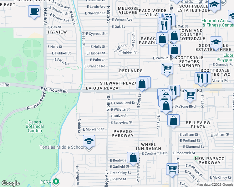 map of restaurants, bars, coffee shops, grocery stores, and more near 6861 East McDowell Road in Scottsdale