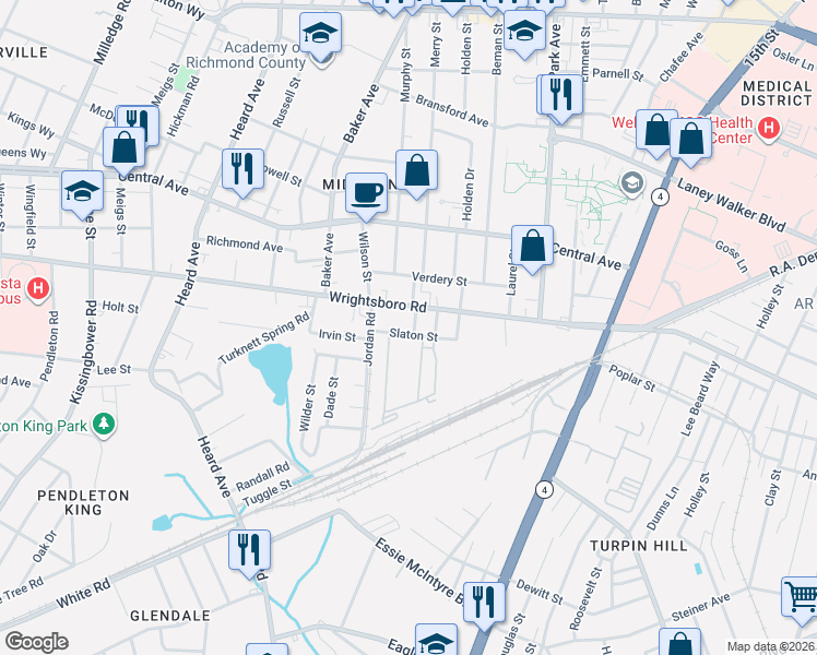 map of restaurants, bars, coffee shops, grocery stores, and more near 1409 Merry Street in Augusta