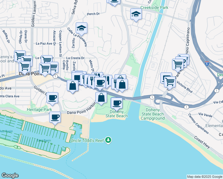 map of restaurants, bars, coffee shops, grocery stores, and more near 3094 Doheny Way in Dana Point