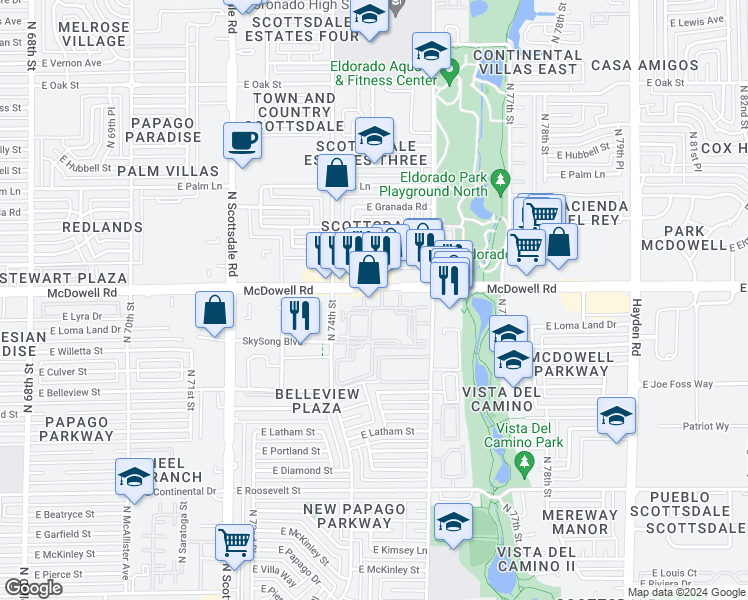 map of restaurants, bars, coffee shops, grocery stores, and more near 7505 East McDowell Road in Scottsdale