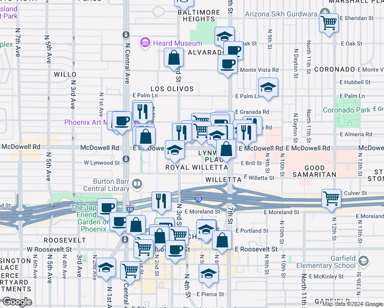 map of restaurants, bars, coffee shops, grocery stores, and more near 1430 North 5th Street in Phoenix